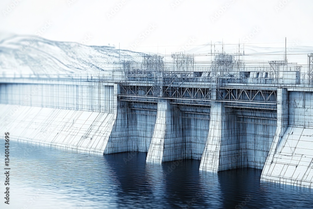 The dam under construction features a complex structure with scaffolding and machinery. Water reflects the partially completed framework against a mountainous backdrop during the daytime.