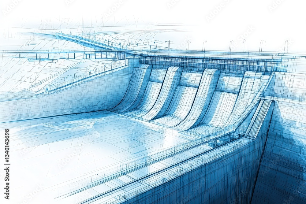 A detailed blueprint showcases the design of a modern hydroelectric dam. Hydraulic gates are visible, with water flowing over the structure. The surrounding features indicate advanced engineering.