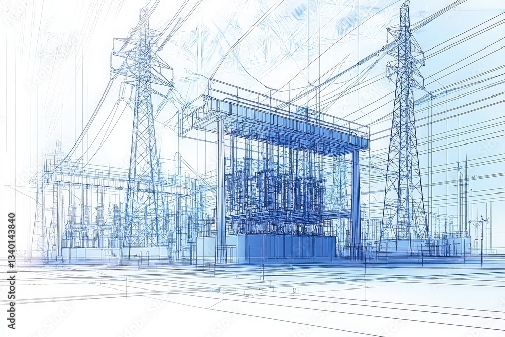 This artwork depicts a detailed blueprint of an electric power substation.