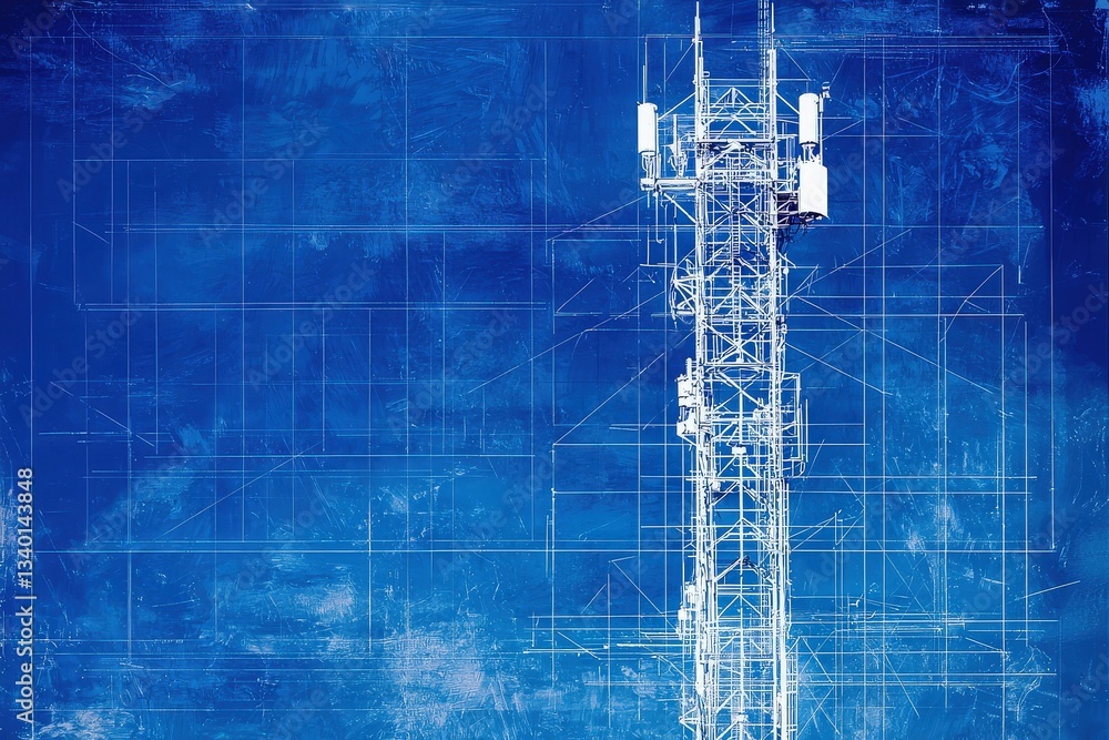 A tall telecommunication tower rises against a vibrant blue background. The structure is detailed with antennas and signals, symbolizing modern communication technology.
