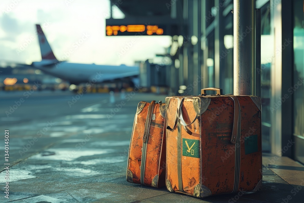 Two weathered orange suitcases sit on the wet asphalt at an airport terminal. An airplane is visible in the background, with a board displaying flight information.