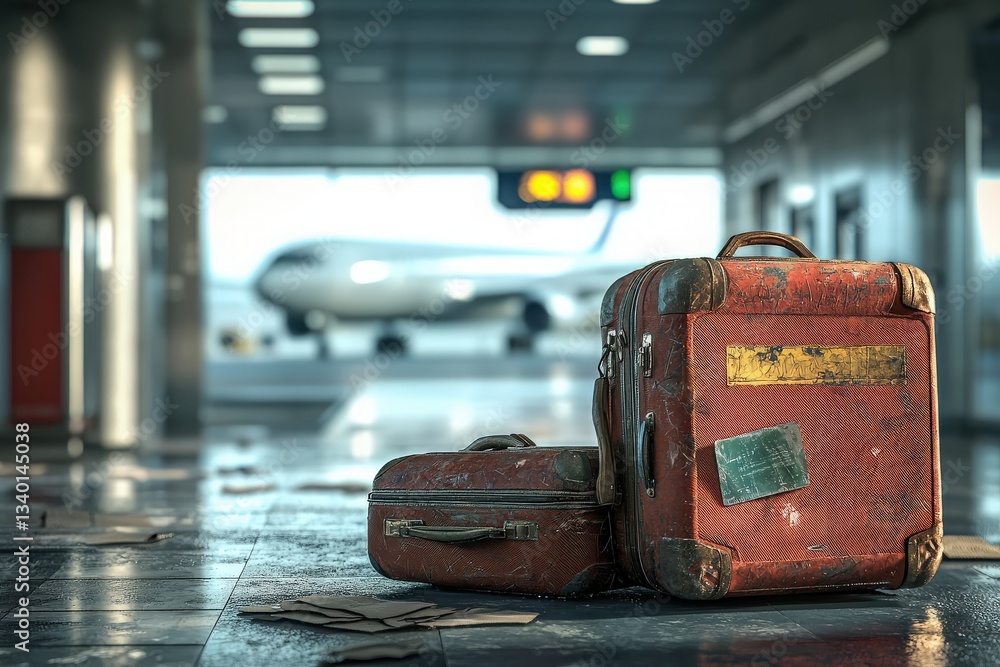 Two old, worn-out suitcases are left behind on the glossy floor of an airport terminal, while a plane is visible in the blurred background. The atmosphere evokes a sense of nostalgia.