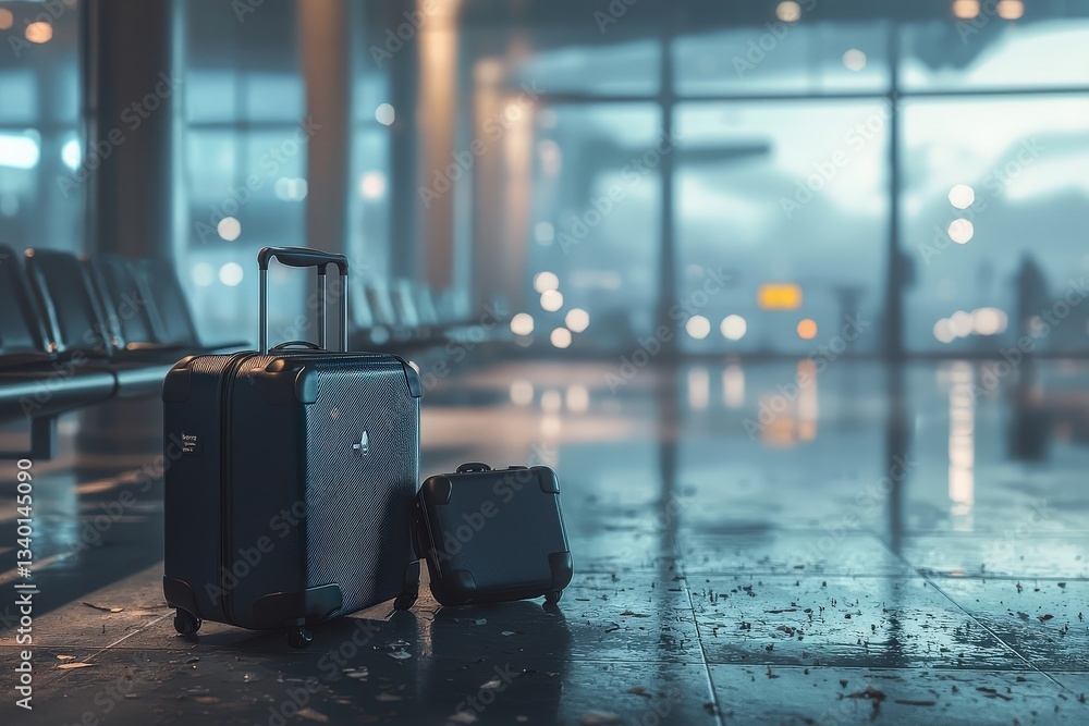 Two pieces of luggage rest on the glossy floor of an airport terminal. Rainfall creates a moody ambiance outside, while travelers walk past, making it a busy location for journeys.