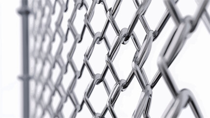 A close-up, macro shot of a section of chain link fence against a white background. The image shows the intricate detail of the woven wire mesh, highlighting the diamond pattern and the metallic