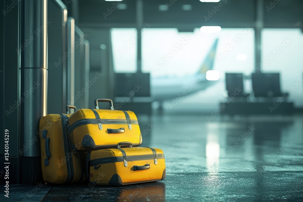 Bright yellow suitcases are stacked beside a check-in area in an airport. The interior is reflective, with soft lighting, creating an atmosphere of travel anticipation.