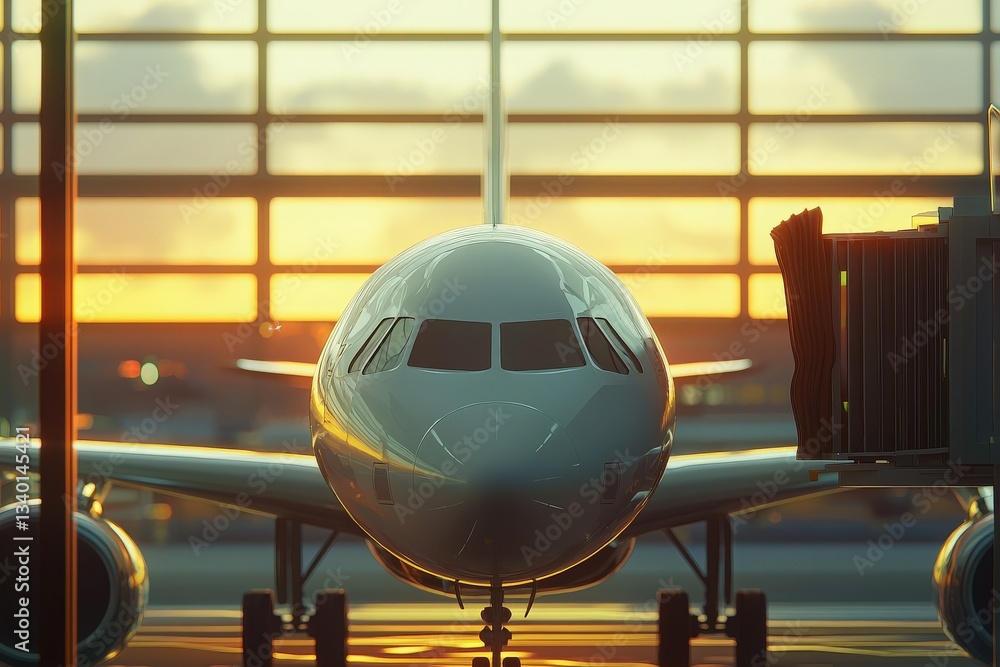 An airplane is parked at the airport gate as the sun sets, creating a warm glow against the glass terminal. The scene captures a moment of transition and anticipation.