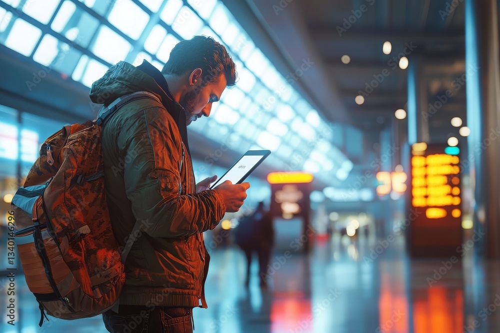 A young man with a backpack is focused on his tablet inside a spacious airport terminal. Soft lighting illuminates the area, creating a calm and modern atmosphere in the early morning.