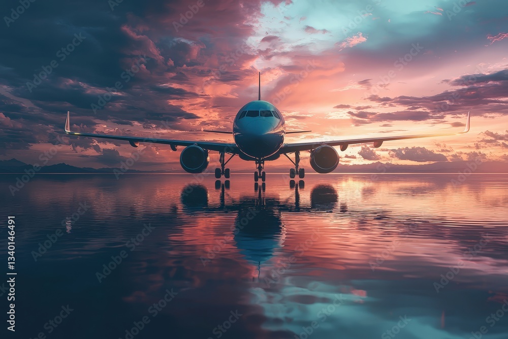 An airplane faces the camera, set against a stunning sunset. The sky is painted in vibrant colors, while the water below reflects the aircraft and the dramatic hues, creating a tranquil atmosphere.