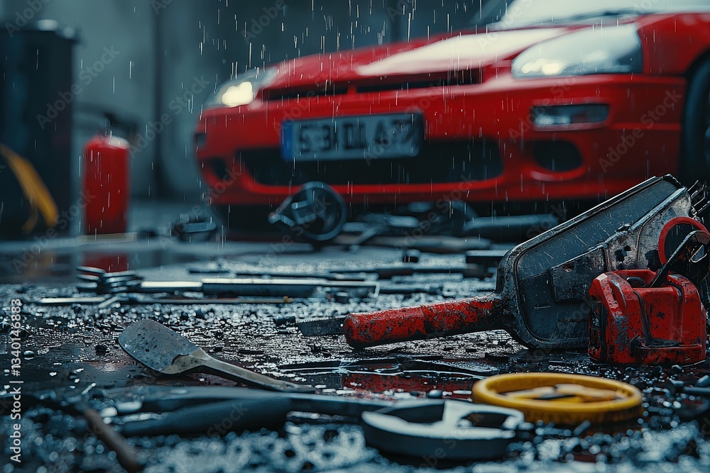 A red car is parked in a workshop with a wet floor, surrounded by various tools scattered around. Rain is falling, creating puddles and adding to the atmosphere of work in progress.