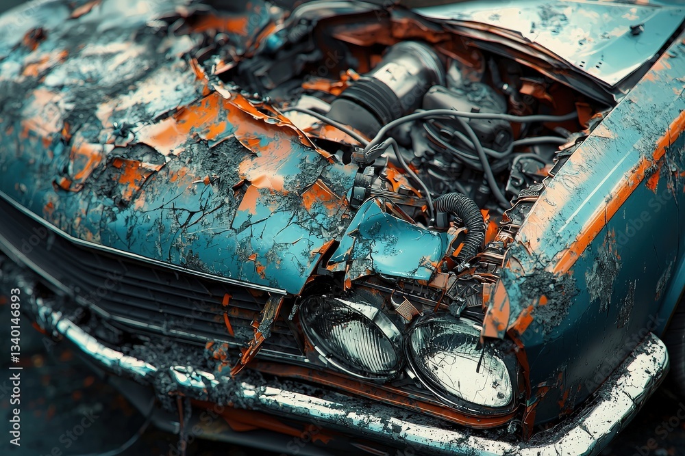 An abandoned car stands in disrepair, its once-vibrant blue paint now faded and peeling. The engine is exposed, revealing rust and debris. Nature slowly reclaims the vehicle.