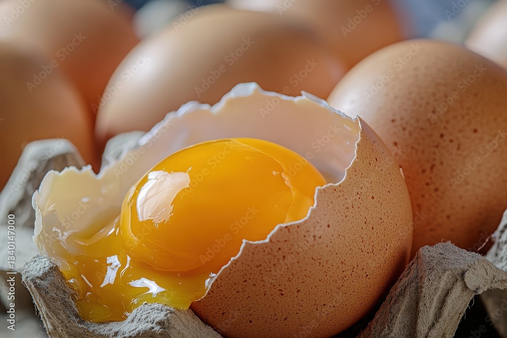 A close-up view of several brown eggs in a carton, with one egg cracked open to reveal a shiny yellow yolk. The eggs are arranged neatly, suggesting freshness and quality.