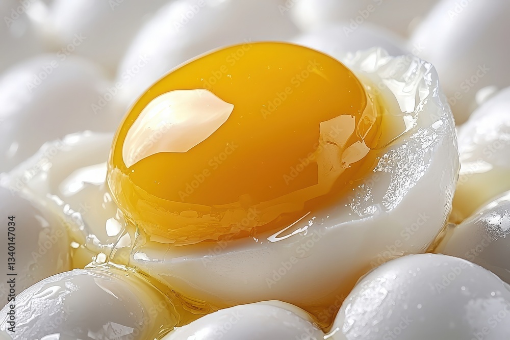 A vibrant egg yolk sits atop a smooth layer of fresh egg whites, glistening in the light. The contrast in colors showcases the freshness and quality of the eggs, inviting culinary creativity.