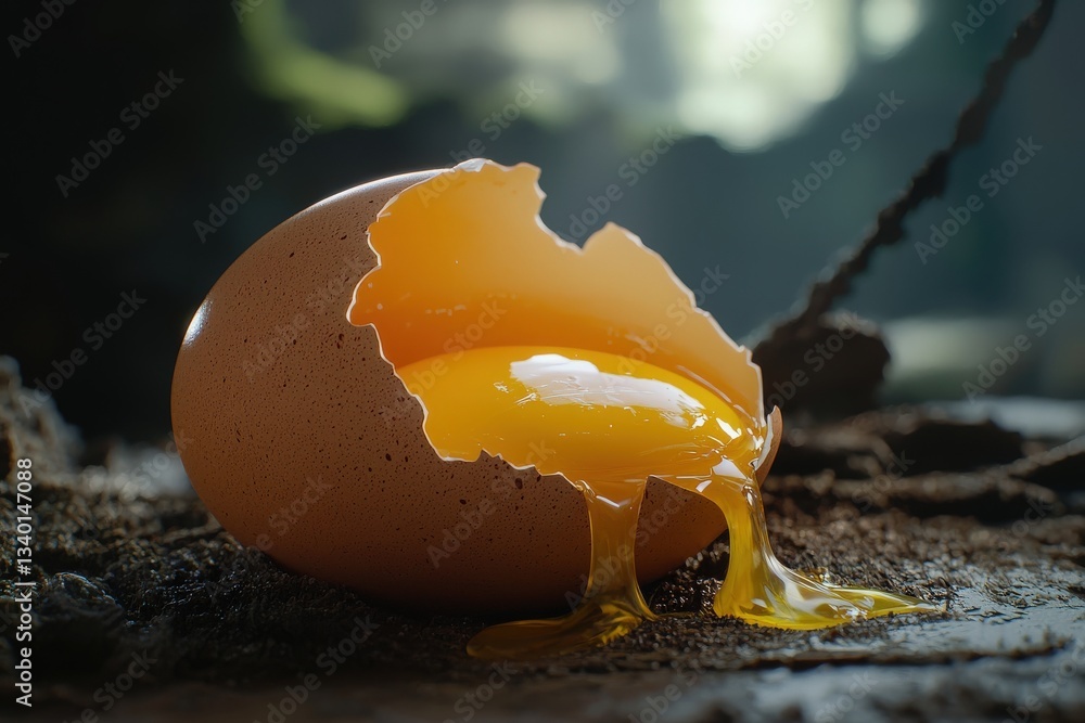 A cracked brown eggshell sits on damp ground, with a vivid yellow yolk spilling out. Soft, natural light filters through the surroundings, highlighting the delicate texture of the eggshell.