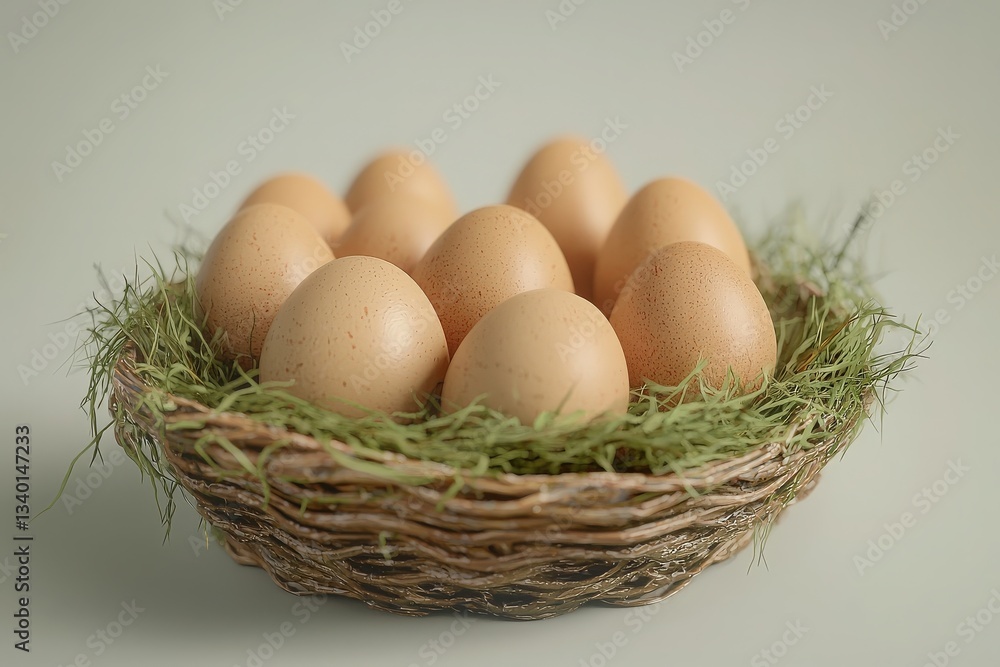 A collection of brown eggs sits neatly in a woven basket filled with green straw. The soft, light background enhances the natural tones of the eggs and basket, creating a calm atmosphere.
