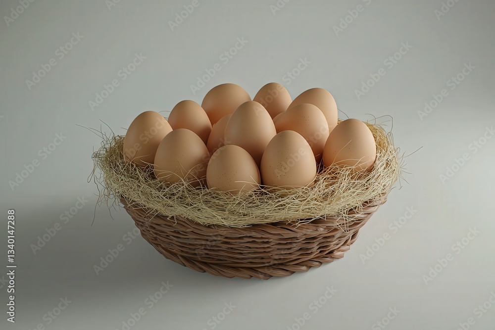 A decorative woven basket holds a dozen brown eggs surrounded by delicate straw. The soft, neutral background accentuates the simplicity and natural beauty of the arrangement.