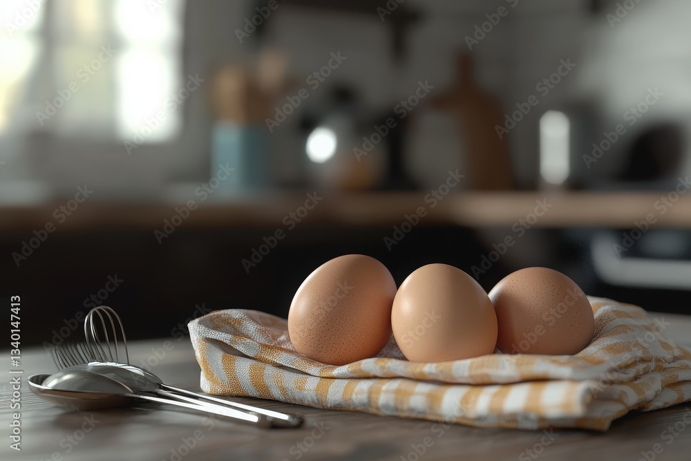 Three brown eggs rest on a striped kitchen towel in a warm, inviting kitchen. The background features culinary tools and a soft, natural light coming through the window.