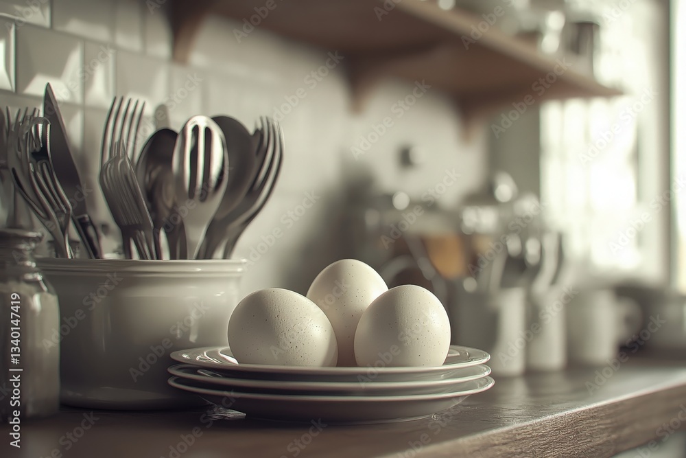 Three white eggs rest on a stack of plates on a kitchen countertop. Surrounding them are various utensils and glass jars, all illuminated by natural light filtering through a nearby window.
