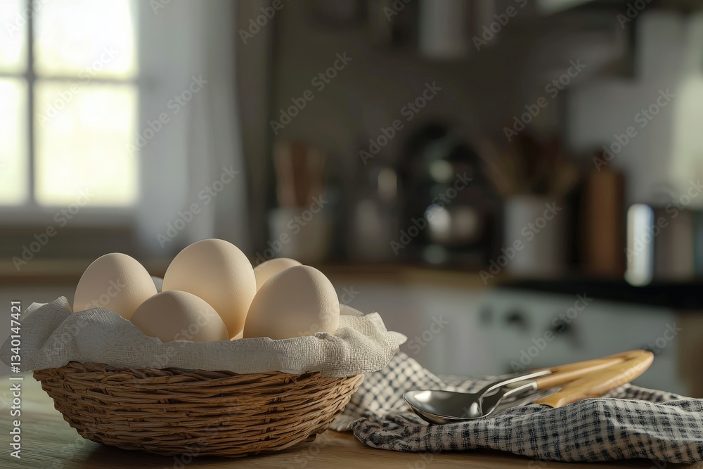A woven basket filled with fresh eggs sits on a wooden table in a rustic kitchen. Soft light filters in through the window, illuminating the warm tones of the space.