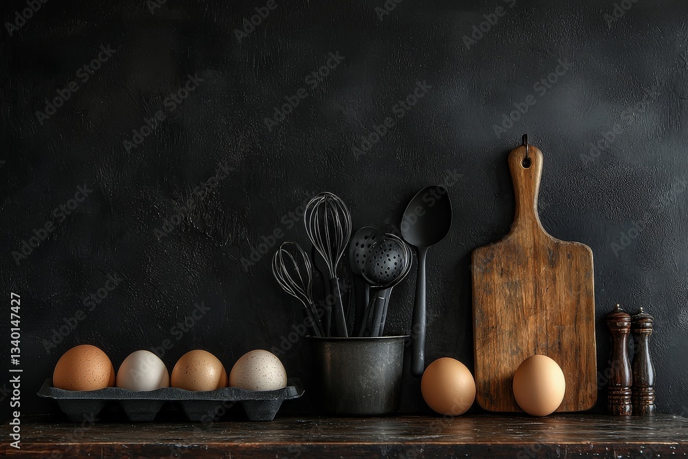 A collection of eggs in an egg carton sits beside various kitchen utensils, including whisks and spoons, against a dark, textured background. The arrangement hints at a cooking session.