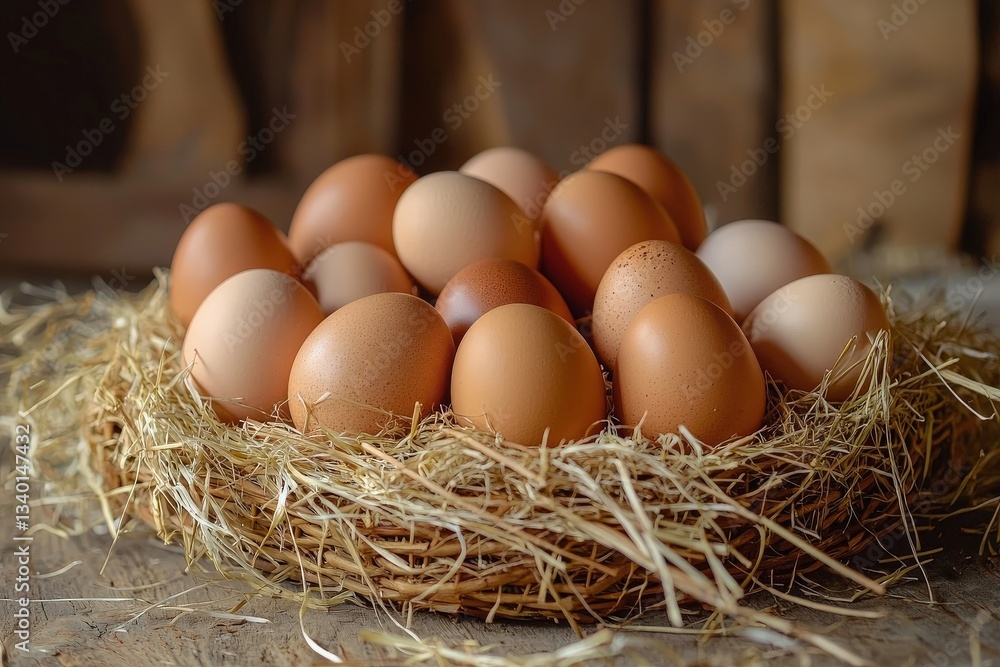 A collection of various eggs is displayed in a natural nest made of straw, set on a weathered wooden surface. The eggs range in color, showcasing shades of brown to beige.
