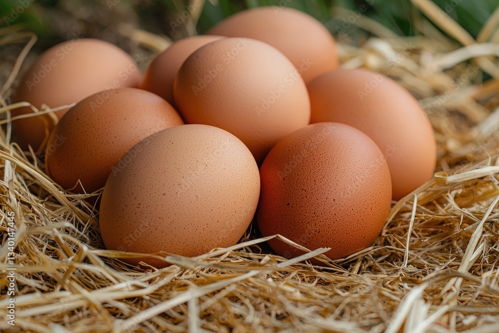 Freshly laid brown eggs are nestled together in a bed of straw, illuminated by soft natural light. The rural setting suggests a peaceful farm environment, highlighting the simplicity of farm life.