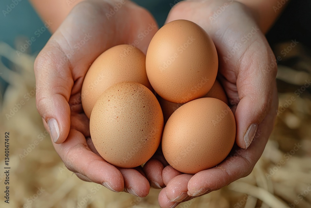 Hands cradle four brown eggs, showcasing their smooth surfaces and natural hues. The rustic setting features straw, adding warmth to this farm-fresh scene.