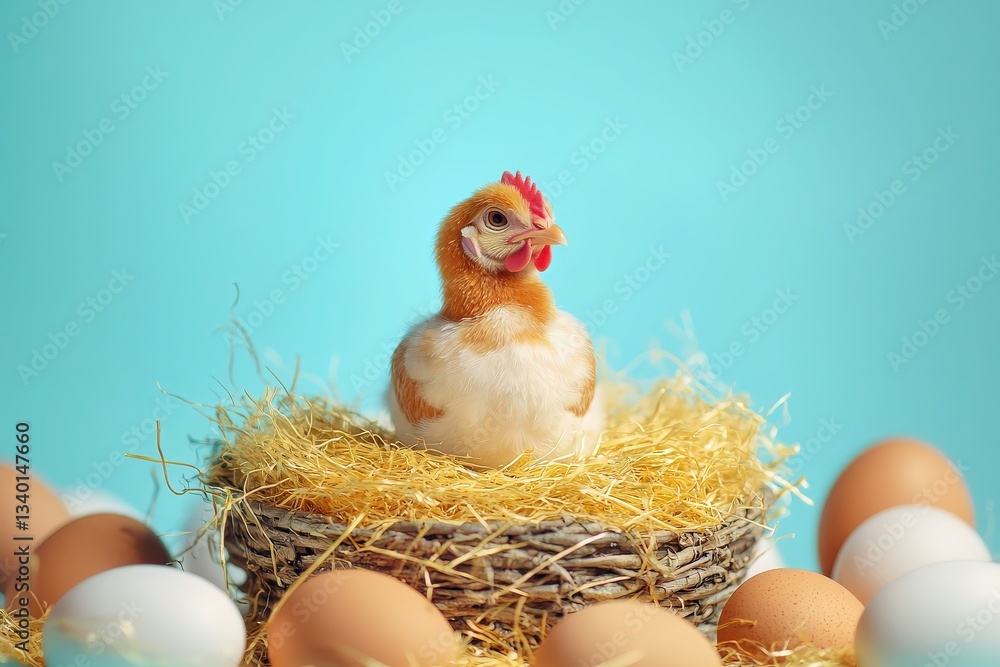 A small yellow chick with a red comb rests comfortably in a nest made of straw. Surrounding the nest are several brown eggs, creating a nurturing atmosphere, complemented by a bright blue backdrop.