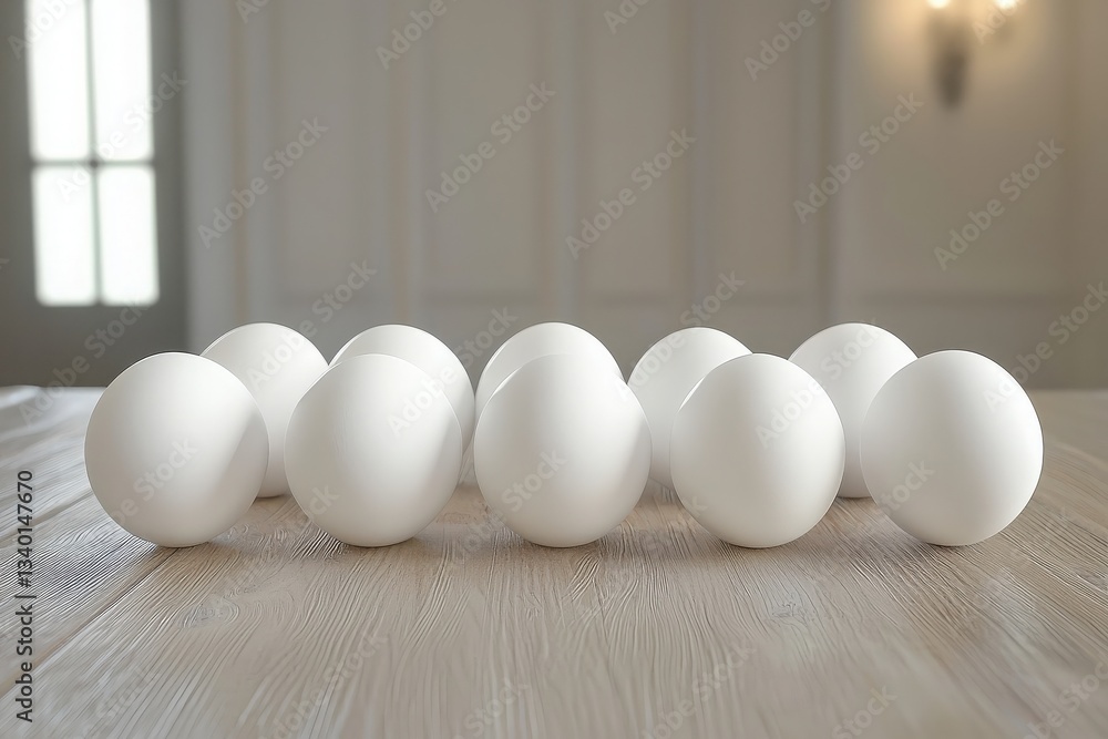 A total of twelve white eggs are neatly arranged on a wooden table. The background features soft lighting and a subtle decor, enhancing the serene atmosphere of the space.