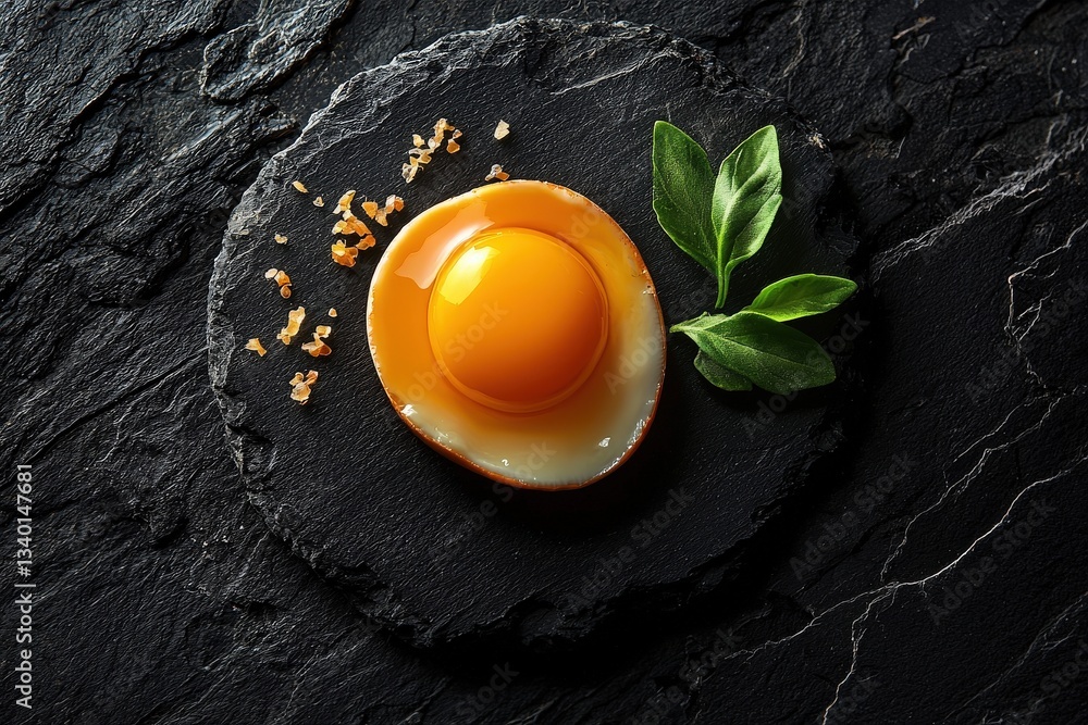 A vibrant yolk sits on a dark slate surface, surrounded by small salt crystals and green leaves. The contrasting colors highlight the freshness and simplicity of the ingredients.