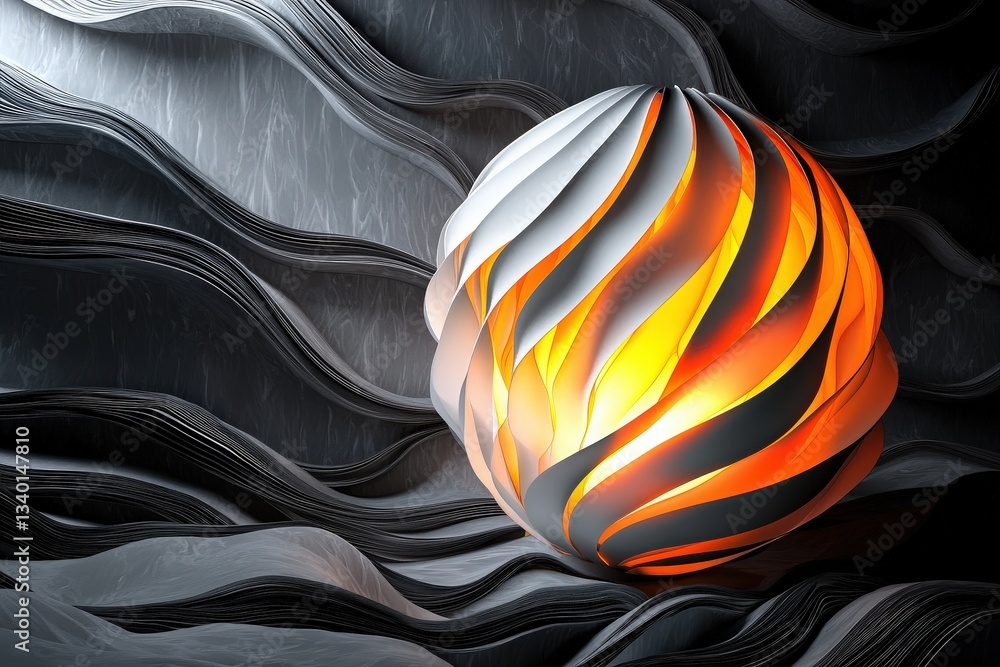 A striking spherical object with twisted layers emits a warm orange glow, set against a backdrop of wavy dark and light textures. The interplay of light and shadow creates depth.
