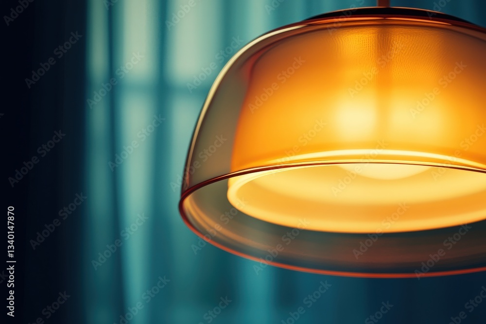 A stylish pendant light illuminates a room with a soft, warm hue. The translucent shade creates an inviting atmosphere, complementing the ambient light filtering through blue curtains.