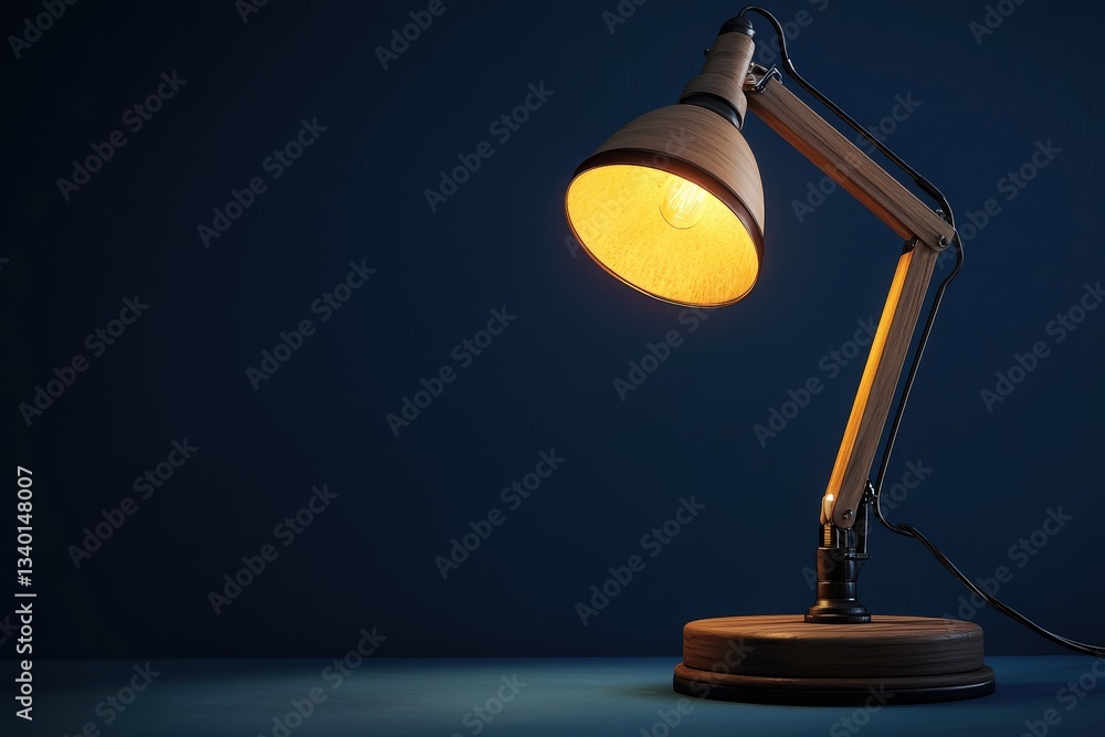 A wooden desk lamp stands prominently on a flat surface, casting a warm glow in a dark blue room. The lamps design features a simple yet elegant structure, creating a cozy atmosphere.