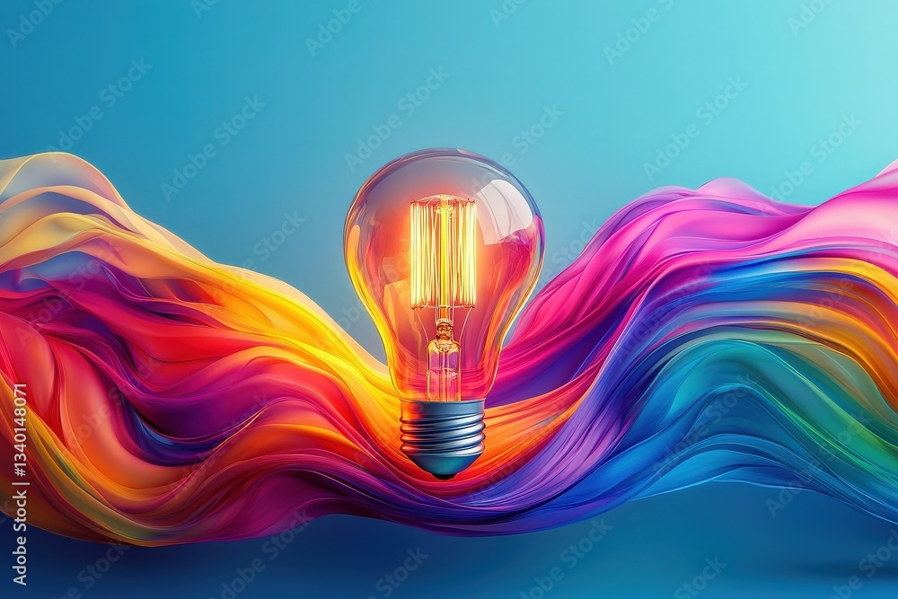 A glowing light bulb emanates warm light, suspended amidst waves of colorful, flowing fabric. The backdrop is a soft blue, creating a dynamic and creative atmosphere.