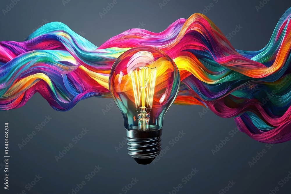 A glowing light bulb is surrounded by vibrant, flowing ribbons of color that twist and turn in various directions.