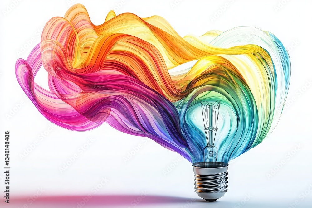 A light bulb emits bright, colorful waves that blend harmoniously in shades of yellow, pink, blue, and green. The dynamic design symbolizes creativity and innovative ideas.