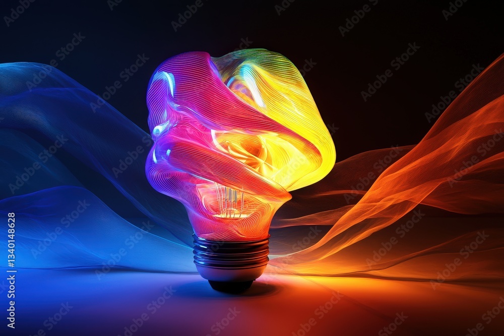 A beautifully designed light bulb glows in vibrant colors, surrounded by flowing fabric that swirls in shades of blue and orange.