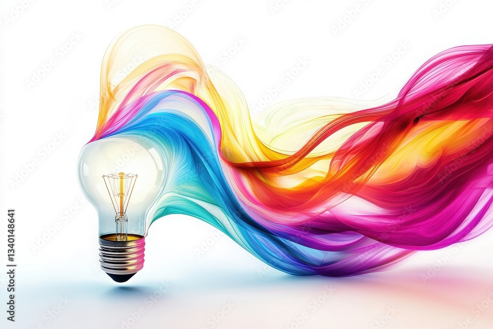 A light bulb is surrounded by vibrant waves of color swirling around it, symbolizing creativity and the fusion of ideas. This striking artwork showcases a blend of hues that evoke inspiration.
