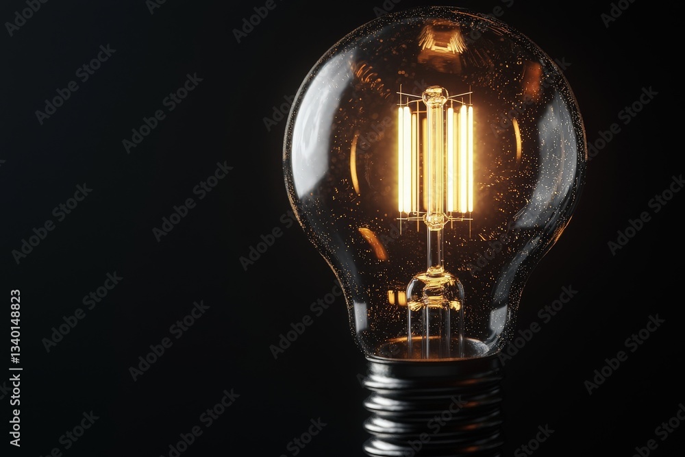 A vintage light bulb illuminates with a warm glow against a black backdrop, highlighting its filament and glass design, creating an elegant and nostalgic atmosphere in a relaxed setting.
