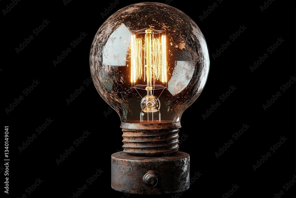 The warm glow from a vintage light bulb highlights its unique, rusted base and intricate filament design. This decorative piece adds character to any dark setting, enhancing the ambiance.