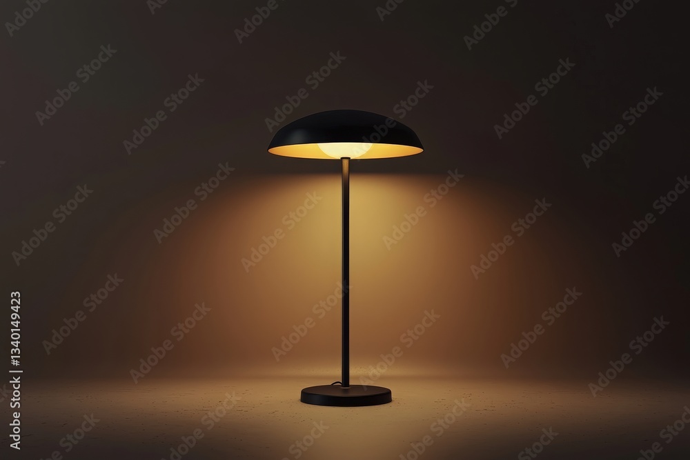 A sleek table lamp with a curved shade provides warm illumination in a darkened room. The design is minimalist, emphasizing the interplay between light and shadow.