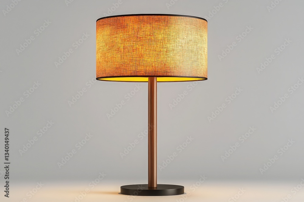 A stylish table lamp features a round fabric shade in warm tones, mounted on a sleek pole and base. It creates a cozy ambiance, perfect for enhancing interior decor in a serene setting.