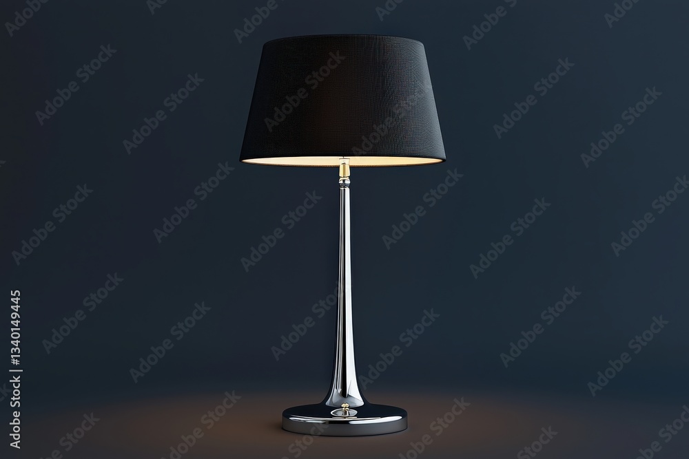 This stylish lamp features a polished chrome base and a black fabric shade, providing a warm glow in a modern setting. The sleek design adds elegance to any space.