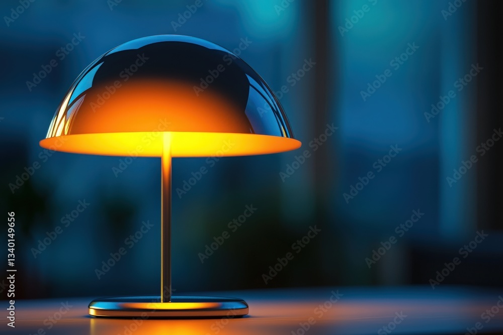 A sleek, modern lamp emits a warm glow in a dimly lit room. The design features a dome shape and a metallic base, creating a calming ambiance amidst evening shadows and soft furnishings.