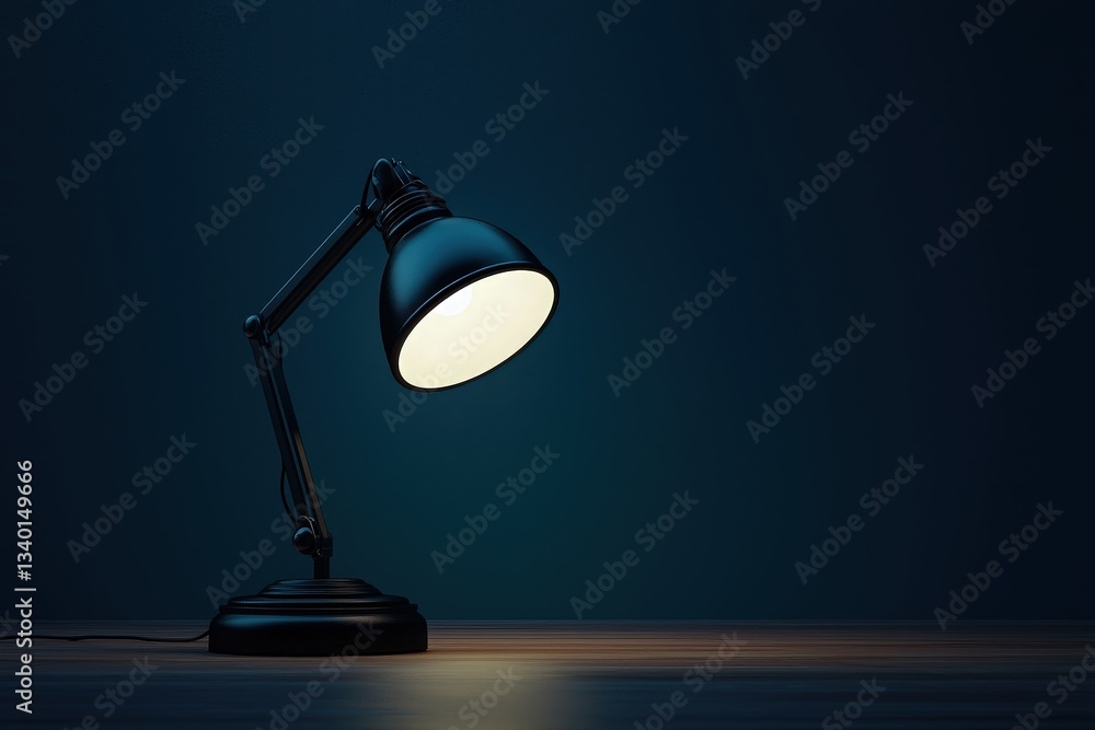 A sleek black desk lamp stands on a wooden surface, casting a warm glow in a dark room. The contrasting light enhances the tranquil ambiance, highlighting the lamps design.
