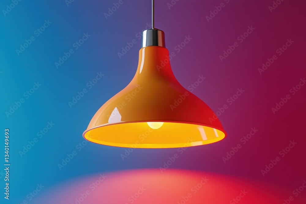 Pendant light with an orange shade hangs from the ceiling, illuminating the space with a warm yellow light. The contrasting blue and purple wall colors create an artistic ambiance.