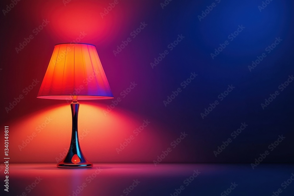 A stylish lamp stands against a background illuminated with red and blue hues, casting vibrant colors that enhance the rooms atmosphere. The unique combination of lights creates an artistic effect.