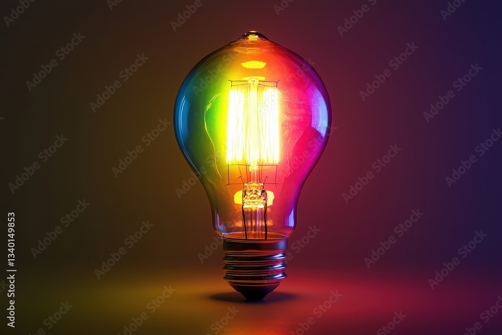 A bright, colorful light bulb stands alone, surrounded by darkness. The bulb emits a spectrum of colors, showcasing its artistic design. The warm glow contrasts sharply with the deep shadows.