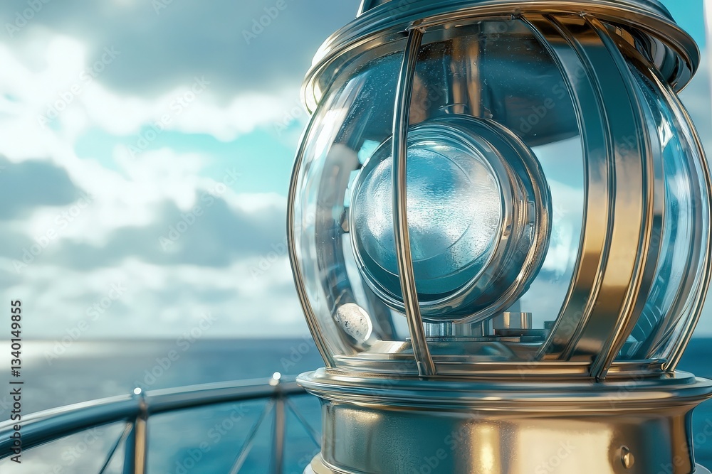 A beautifully crafted nautical lantern sits prominently on a ships railing, glimmering under a bright sky. The calm ocean reflects the soft light, creating a tranquil atmosphere.