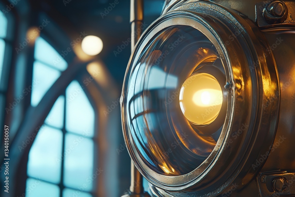 A detailed close-up of a brass diving helmet lens showcases its polished surface and vintage design elements. The soft light reflects off the glass and metal, enhancing its historical charm.