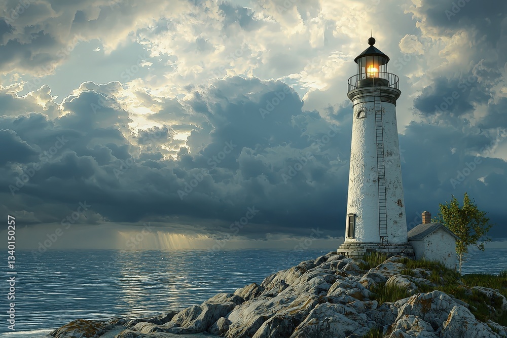 A lighthouse rises from rocky shores overlooking a calm ocean, illuminated by warm light.